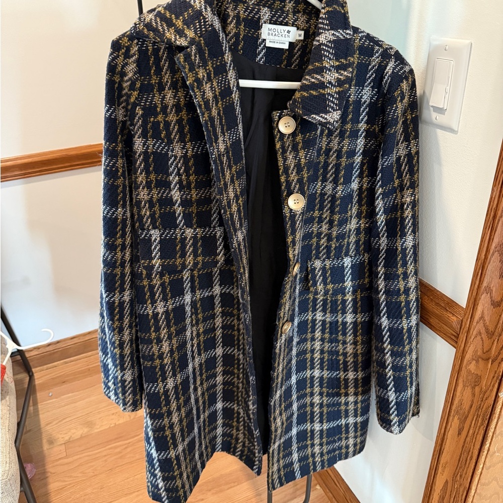 Molly Bracken Navy and Tan Checkered Trench Coat